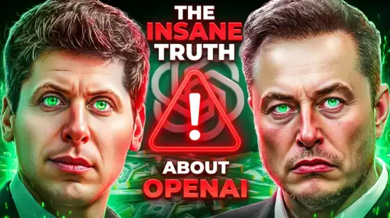 Thumbnail teasing “the insane truth about OpenAI”, two tech founders facing off around a red warning icon, generated with Thumbo