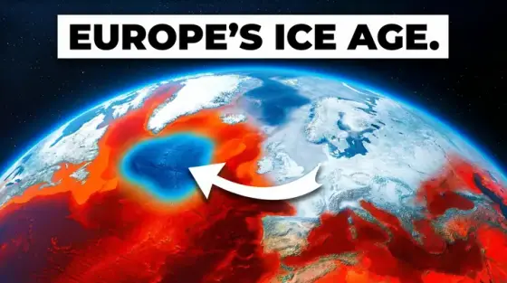 Faceless explainer thumbnail made with Thumbo: Earth from space with a cooling patch of the Atlantic marked by an arrow and “Europe’s ice age.” text