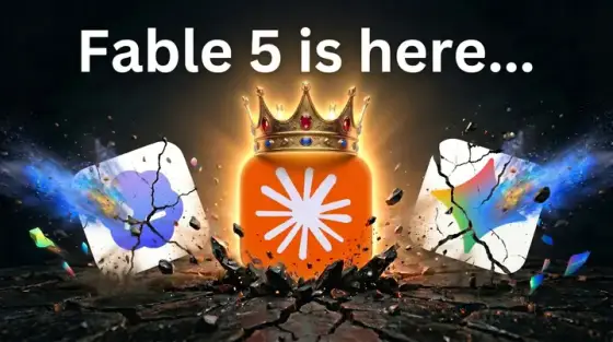 Faceless tech thumbnail made with Thumbo: a crowned AI app icon glowing between two cracked rival logos with “Fable 5 is here…” text - the objects tell the story