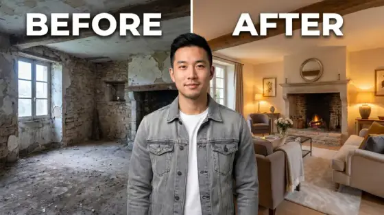 AI-generated house transformation vlog thumbnail, made with Thumbo