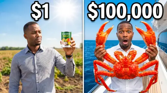 Split-frame thumbnail comparing a $1 canned fruit with a $100,000 giant crab, generated with Thumbo