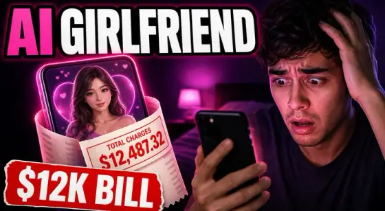 16:9 AI cover about a $12K AI girlfriend bill made with Thumbo; Shorts mode renders the same style in 9:16