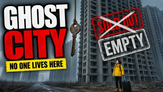 Faceless documentary thumbnail made with Thumbo: a tiny lone traveler with a suitcase dwarfed by empty high-rise towers, with “Ghost city - no one lives here” text