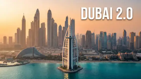 Faceless finance-documentary thumbnail made with Thumbo: an aerial view of the Dubai skyline at sunset with “Dubai 2.0” text - the city itself is the hero