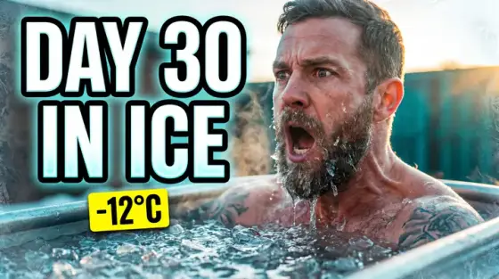 Close-up thumbnail of a man gasping in shock in an ice bath under bold “Day 30 in ice” text, generated with Thumbo
