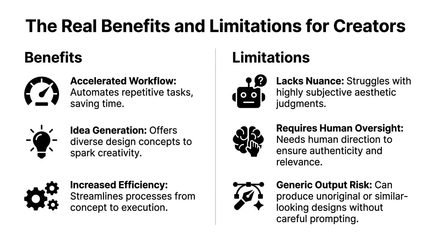 A comparison chart highlighting the benefits and limitations of using AI design tools for creative professionals.