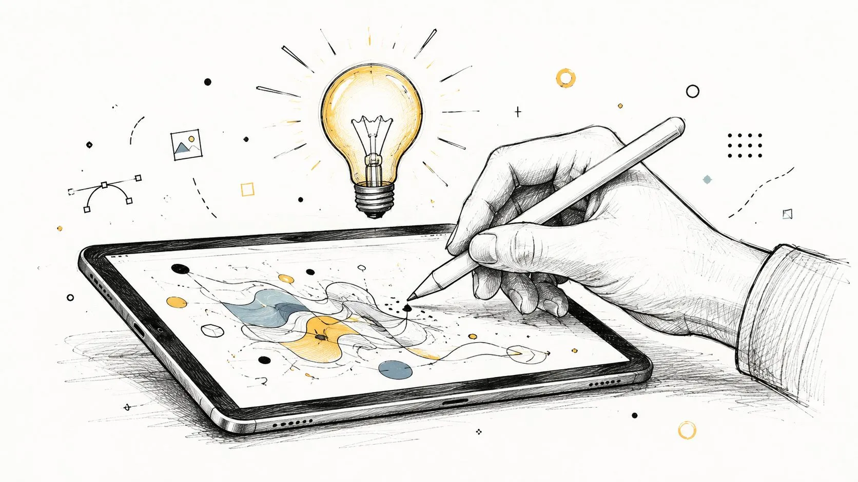 A hand using a digital stylus on a tablet screen with a glowing lightbulb illustration above.