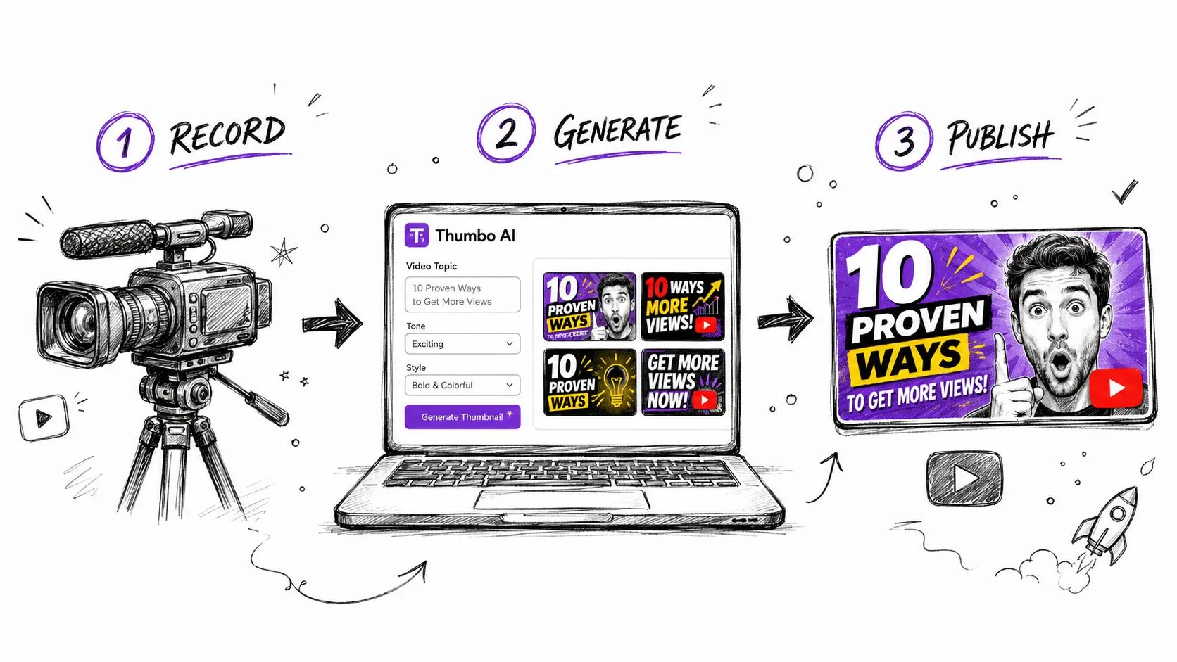 A hand-drawn illustration showing the three-step process of using an AI tool to create YouTube video thumbnails.