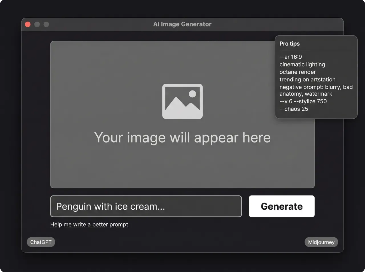 An AI image generator demanding cryptic prompt jargon like --stylize 750 and --chaos 25