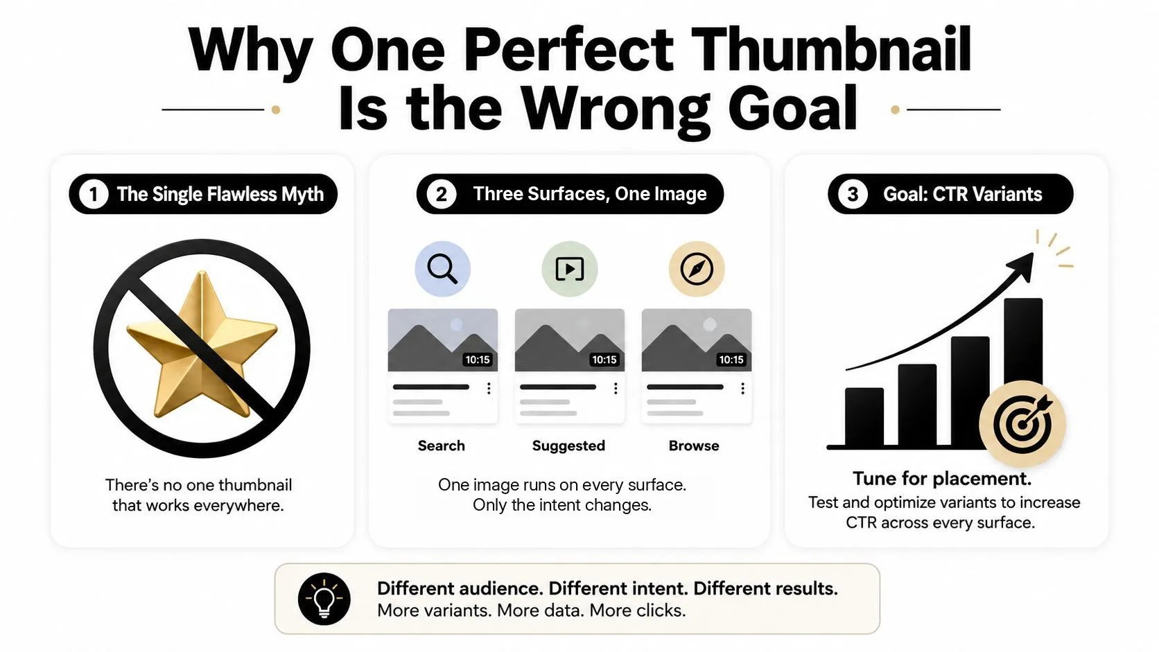 A visual explanation of why testing multiple YouTube thumbnail variations improves click-through rates across different viewer surfaces.