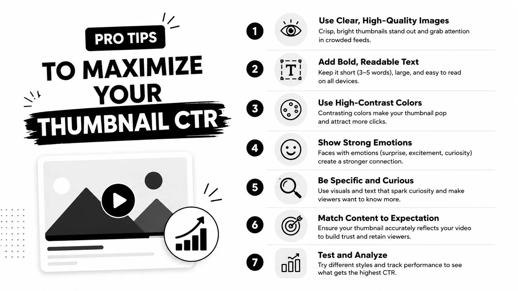 An infographic titled Pro Tips To Maximize Your Thumbnail CTR showing seven actionable steps for YouTube thumbnail optimization.