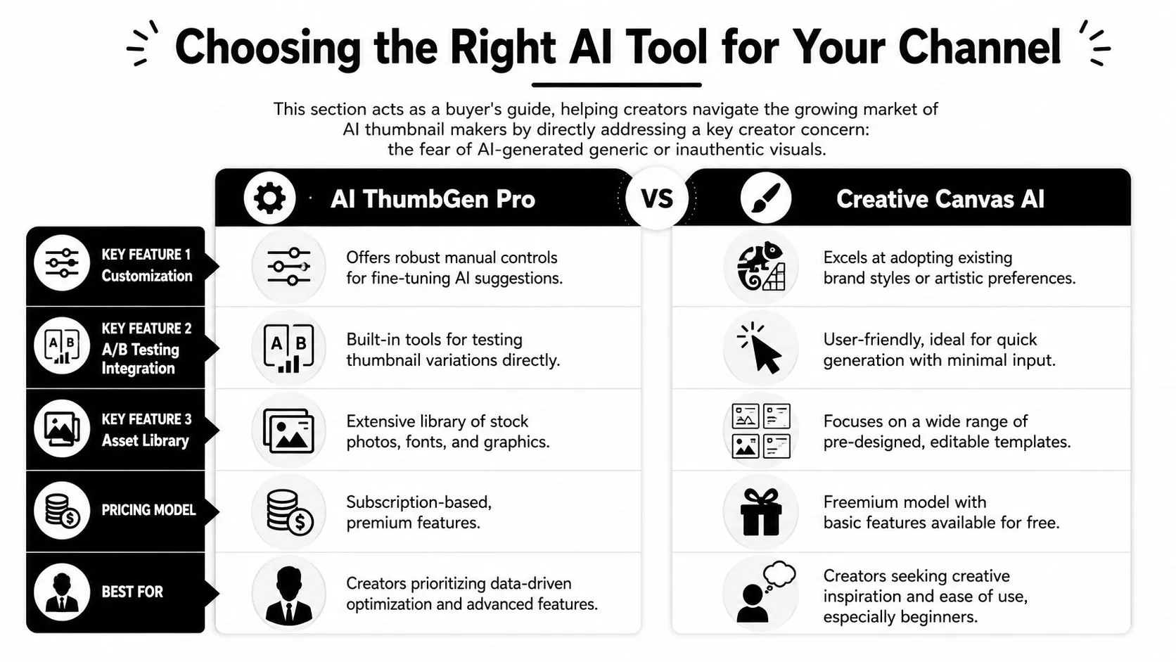 A comparison chart between AI ThumbGen Pro and Creative Canvas AI tools for thumbnail creation.
