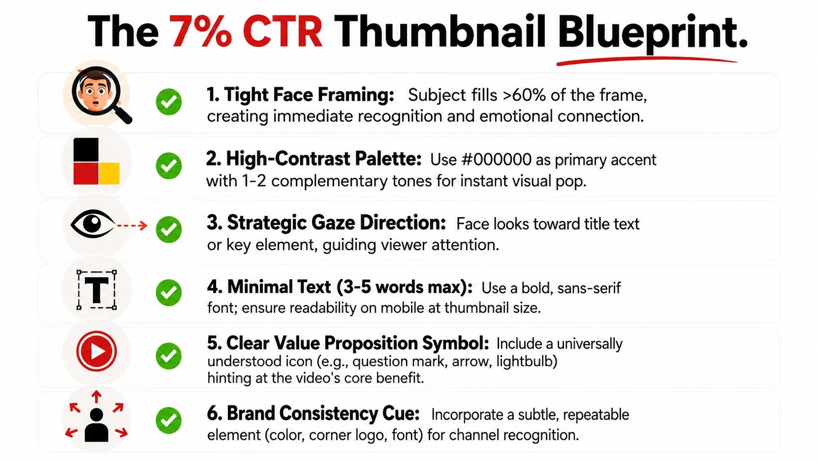 An infographic titled The 7% CTR Thumbnail Blueprint detailing six strategic design tips for YouTube thumbnails.
