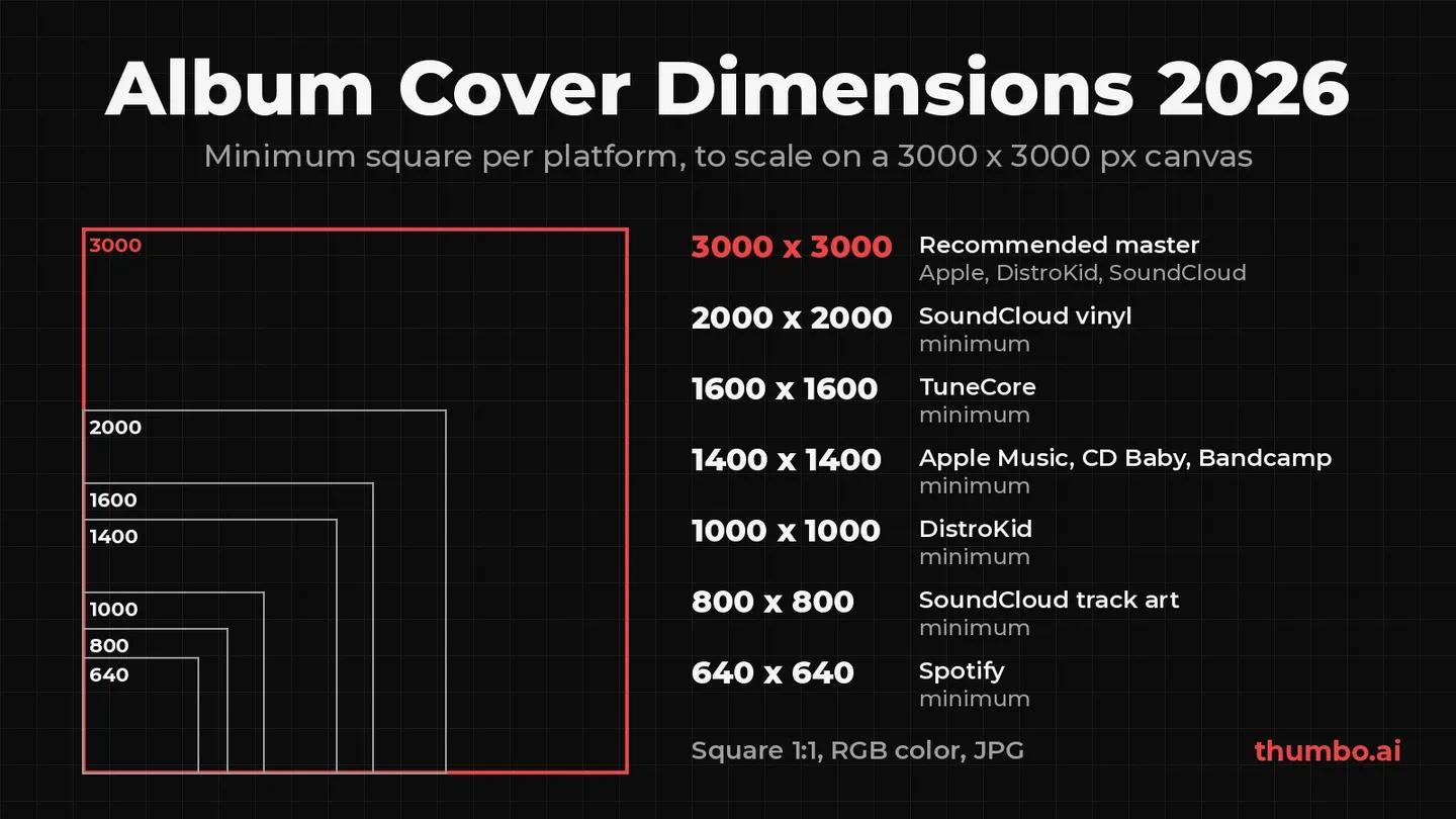 Nested squares drawn to scale showing the minimum album cover size for Spotify, SoundCloud, DistroKid, Apple Music, TuneCore and a 3000 x 3000 master