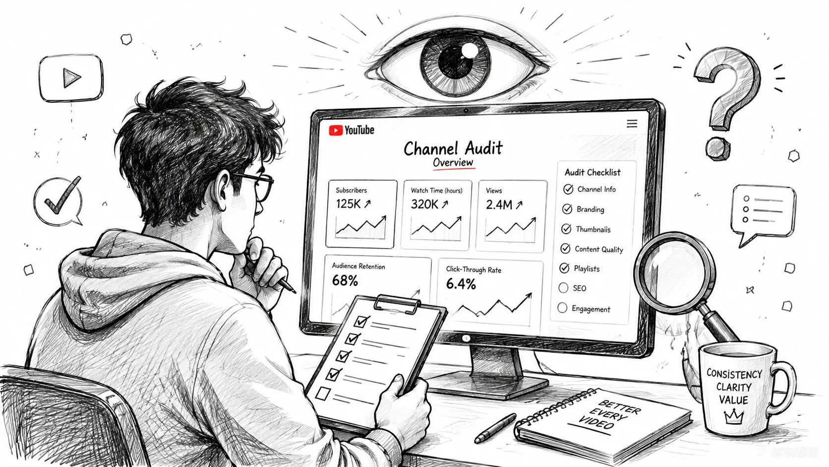 A person conducting a detailed YouTube channel audit by reviewing statistics and checklists on a computer monitor.