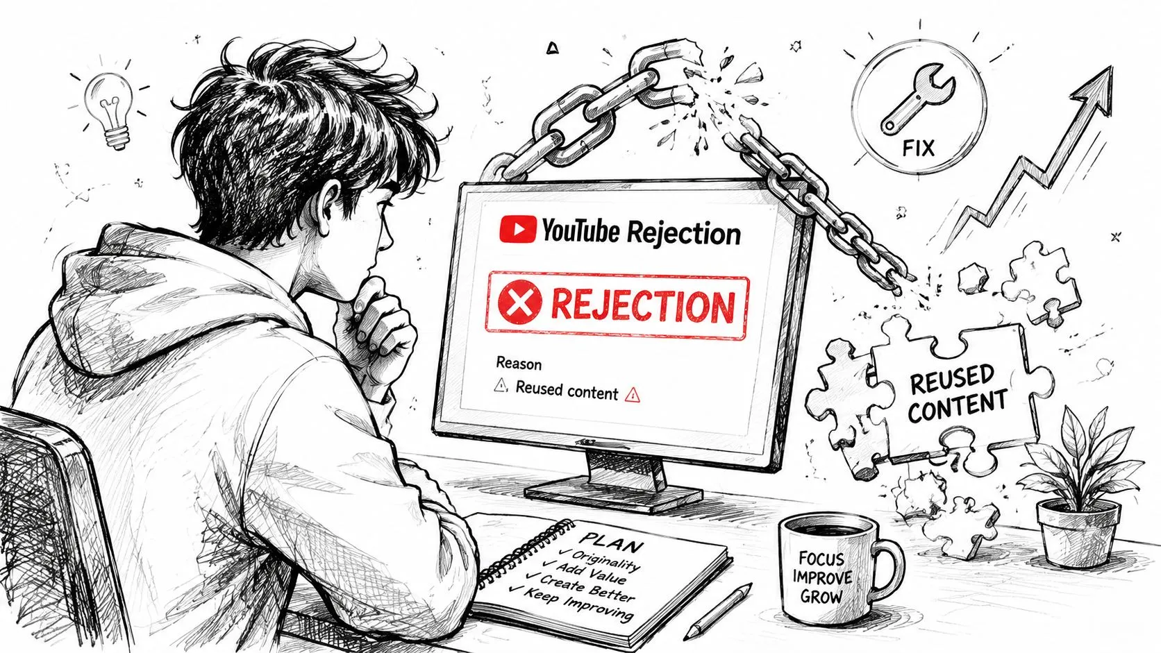 A creator looking at a computer screen showing a YouTube monetization rejection for reused content with a plan.