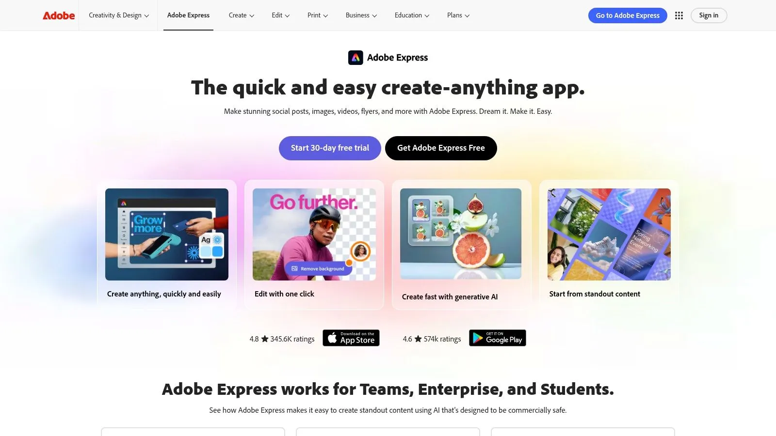 The Adobe Express home page, showing its create, one-click edit and generative AI entry points.