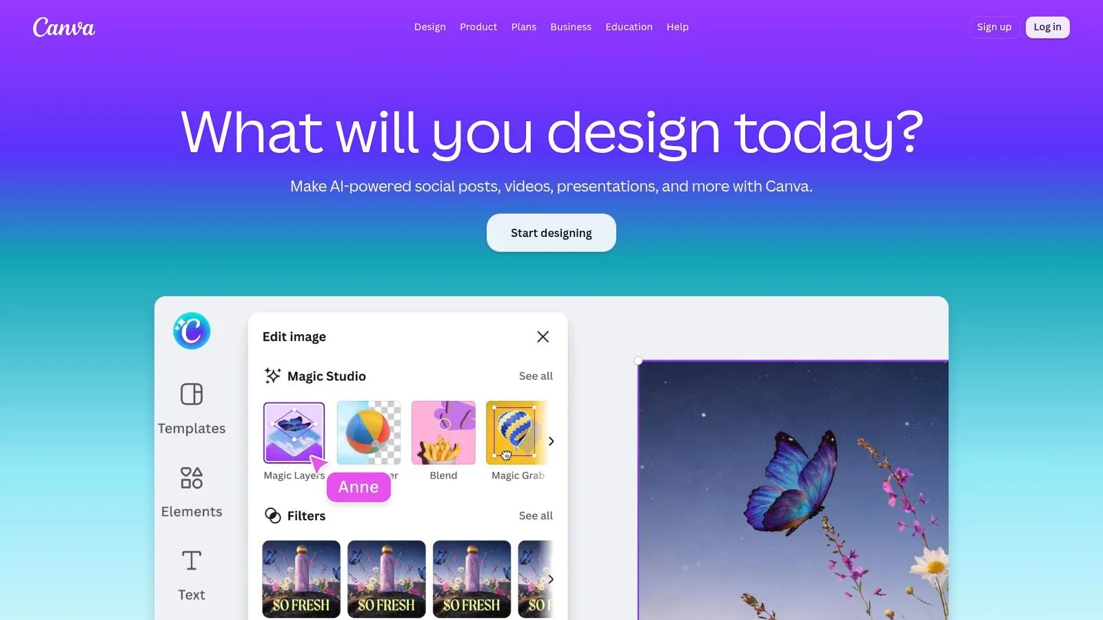 The Canva home page, showing the Magic Studio image-editing panel open over a design canvas.