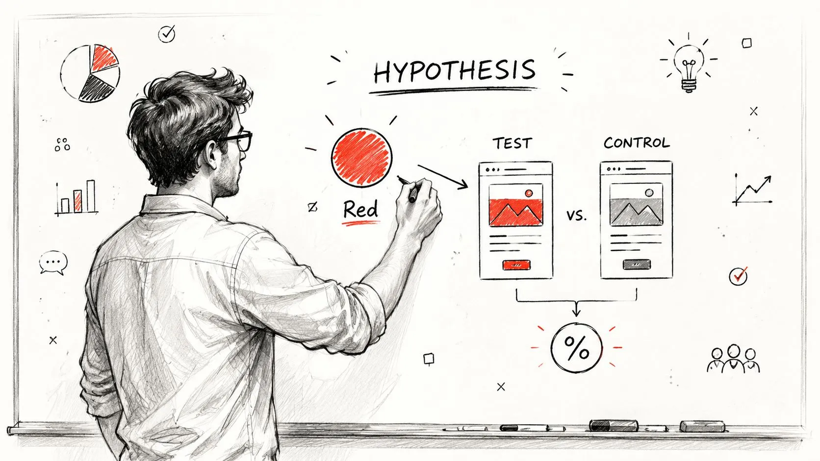 A hand-drawn whiteboard sketch of a single-variable thumbnail test: a red accent swatch feeding a test version beside an unchanged control, with the outcome measured as a click-through rate.