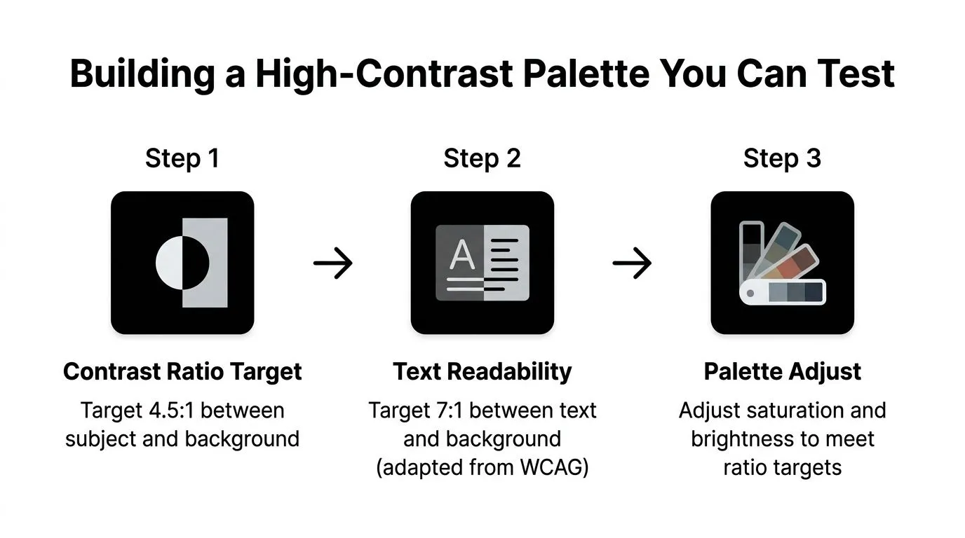 A three-step infographic showing the process for creating a high-contrast color palette for accessible design.