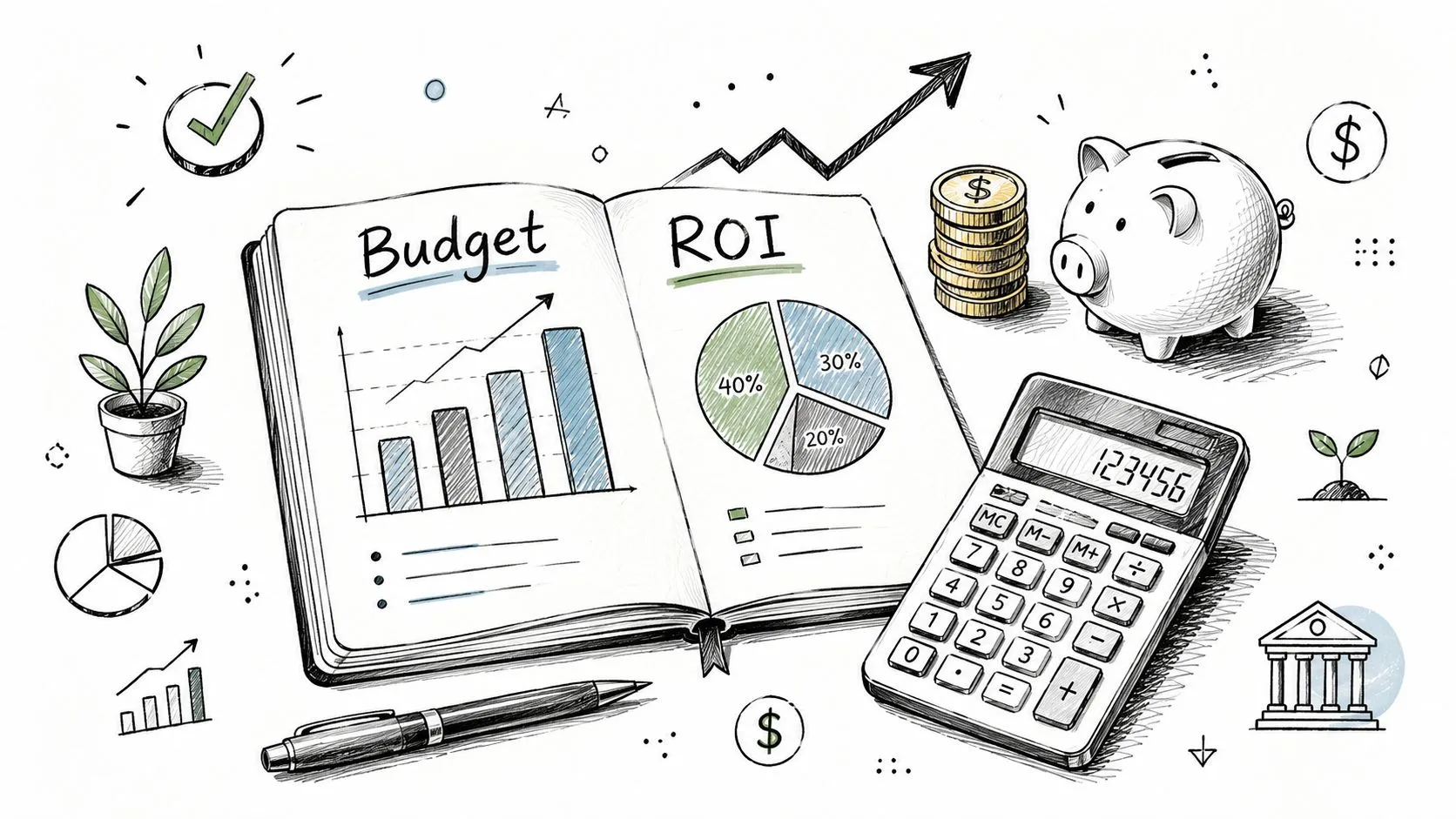 A sketchbook featuring budget and ROI charts next to a calculator, piggy bank, and office supplies.