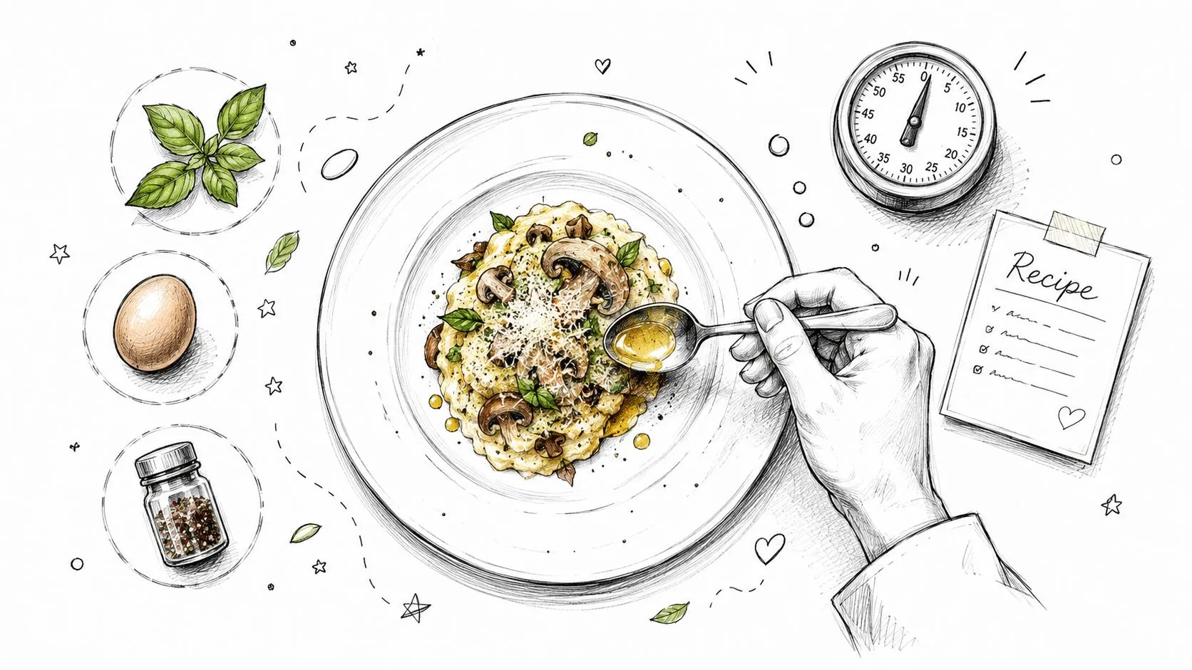 A hand holding a spoon eating creamy mushroom risotto surrounded by cooking ingredients and a recipe.
