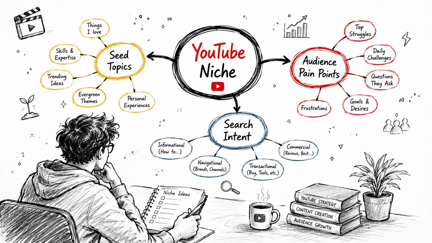 A hand-drawn mind map illustrating strategies for choosing a YouTube niche, including seed topics and audience pain points.