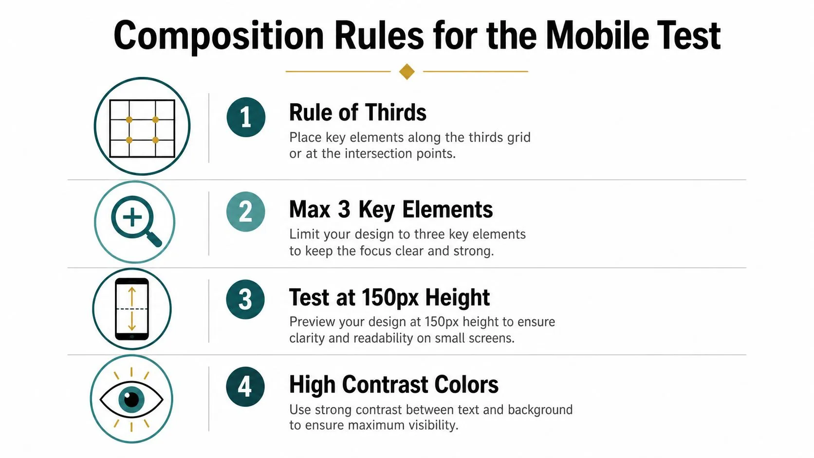 An infographic titled Composition Rules for the Mobile Test outlining four essential design principles for mobile.