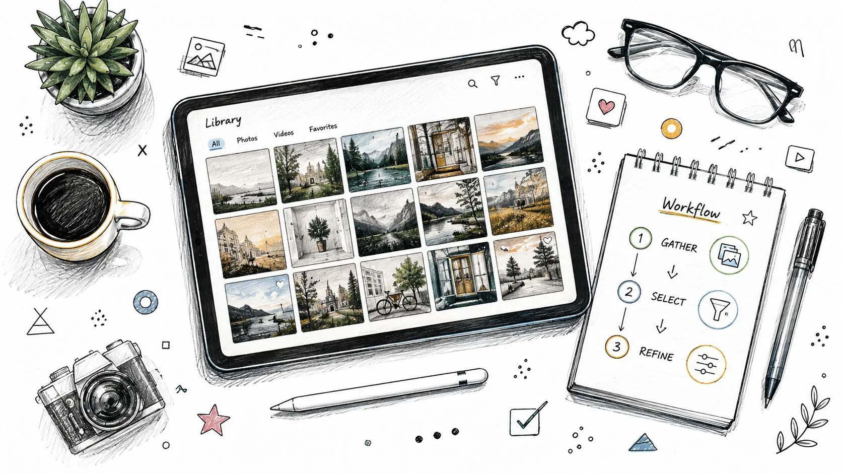 A digital tablet displaying a photo library, surrounded by a coffee cup, camera, notepad, and sketching tools.