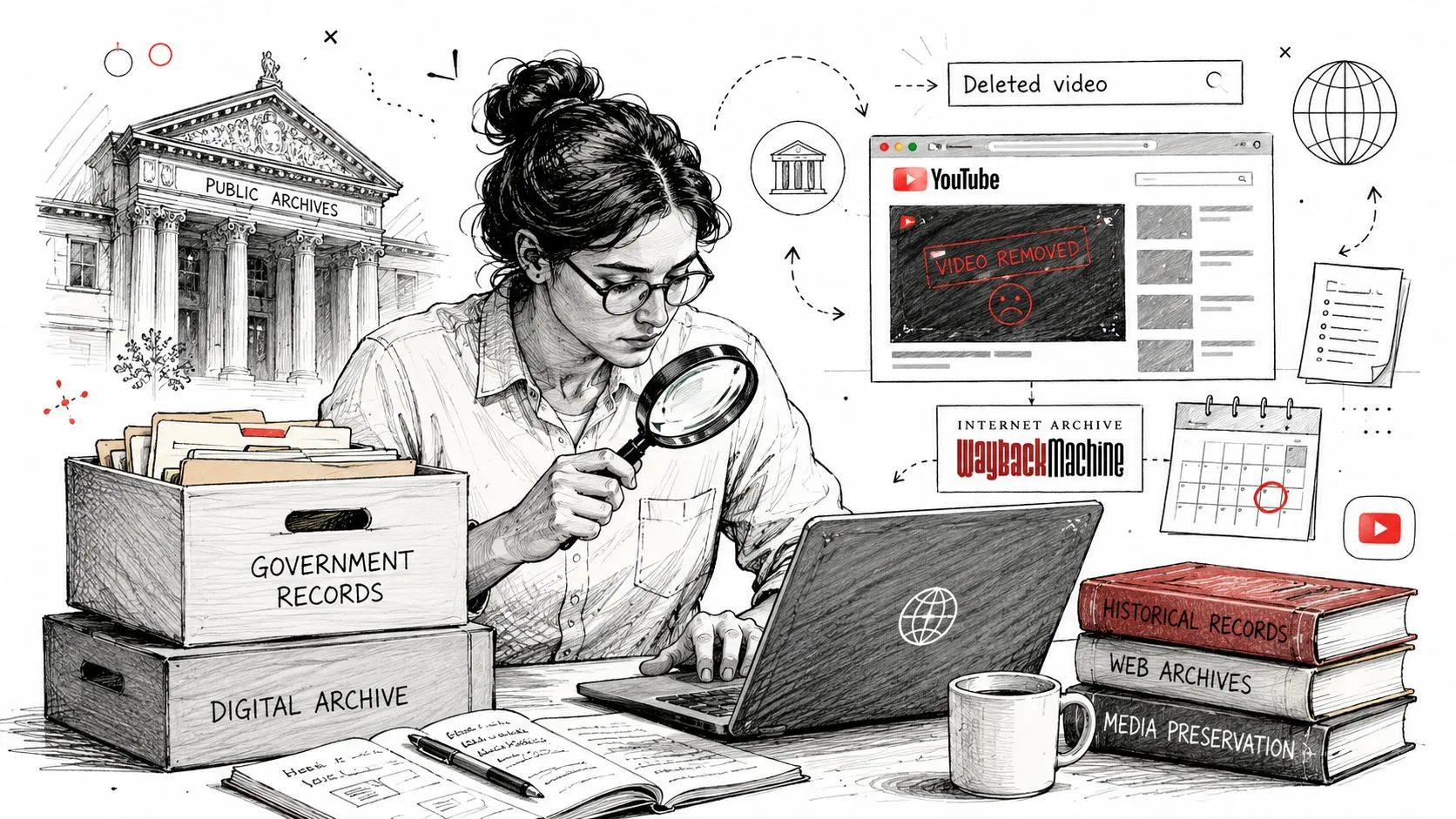 An illustration of a researcher searching web archives and public records for a removed YouTube video.