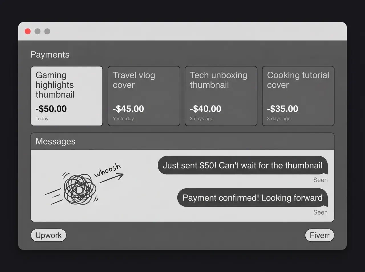 A freelance-marketplace dashboard — paid thumbnail gigs and a chat where the freelancer goes silent right after payment