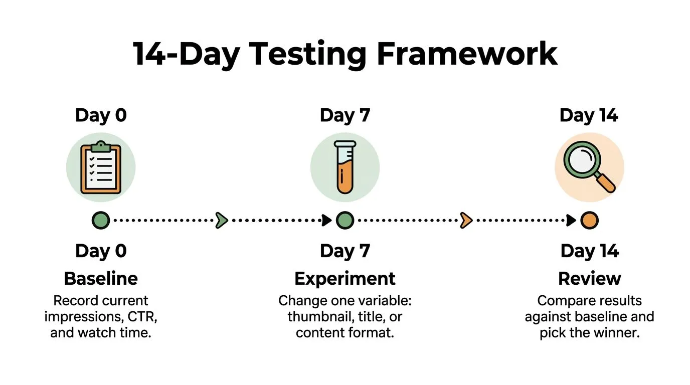 A 14-day testing framework timeline for optimizing YouTube video performance through baseline data and experiments.