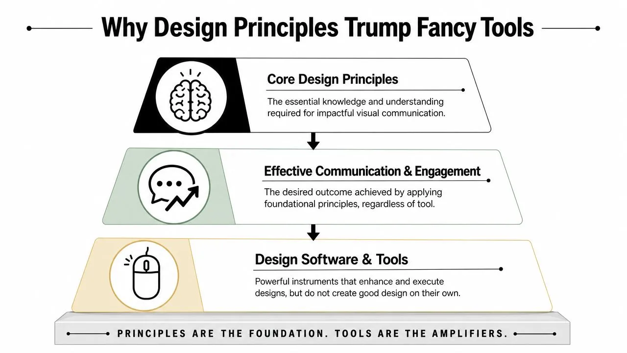 A diagram illustrating that core design principles are more important for communication than software tools.
