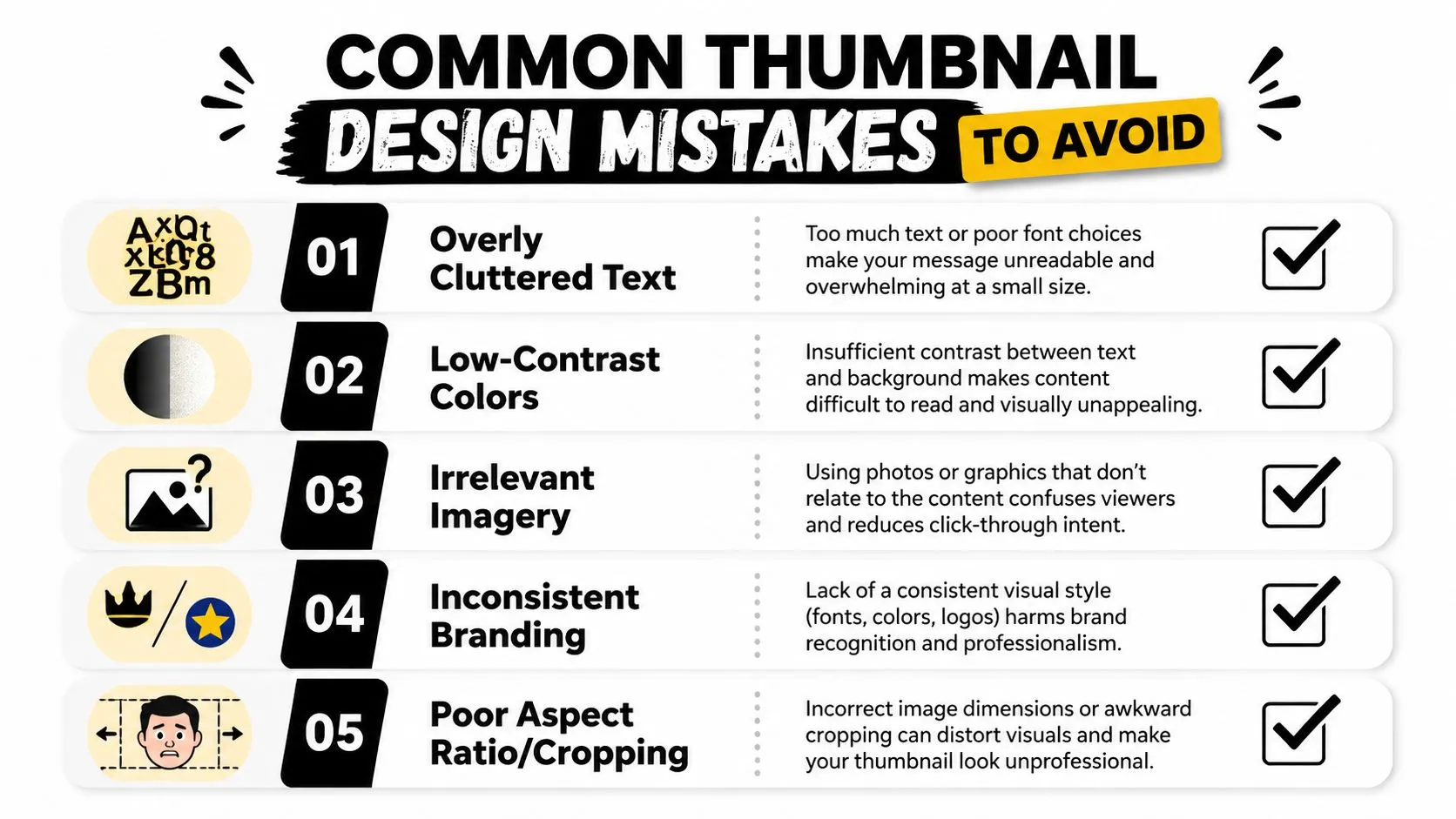 An infographic list outlining five common thumbnail design mistakes to avoid for better graphic design results.