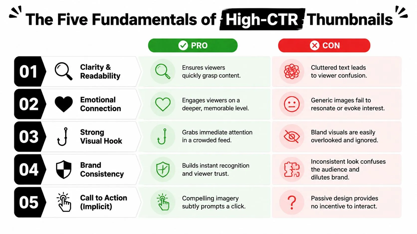 A chart illustrating the five key fundamentals for creating high-CTR YouTube thumbnails, comparing pro and con approaches.