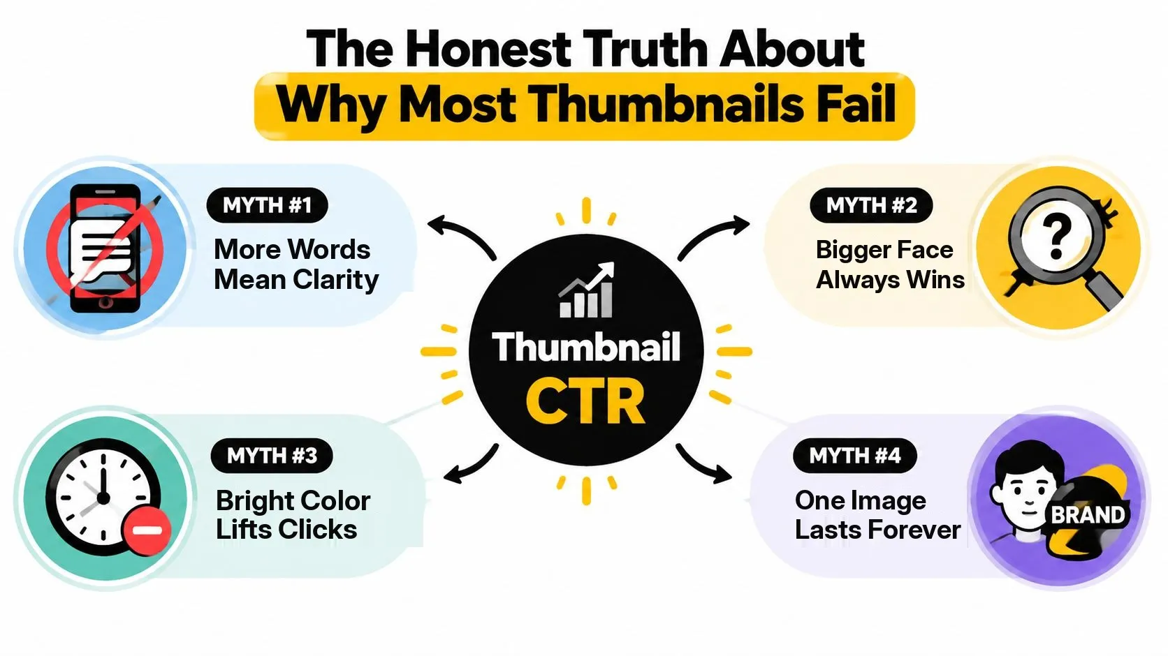 A diagram of the four thumbnail myths that cost click-through rate: more words mean clarity, a bigger face always wins, bright color lifts clicks, and one image lasts forever.