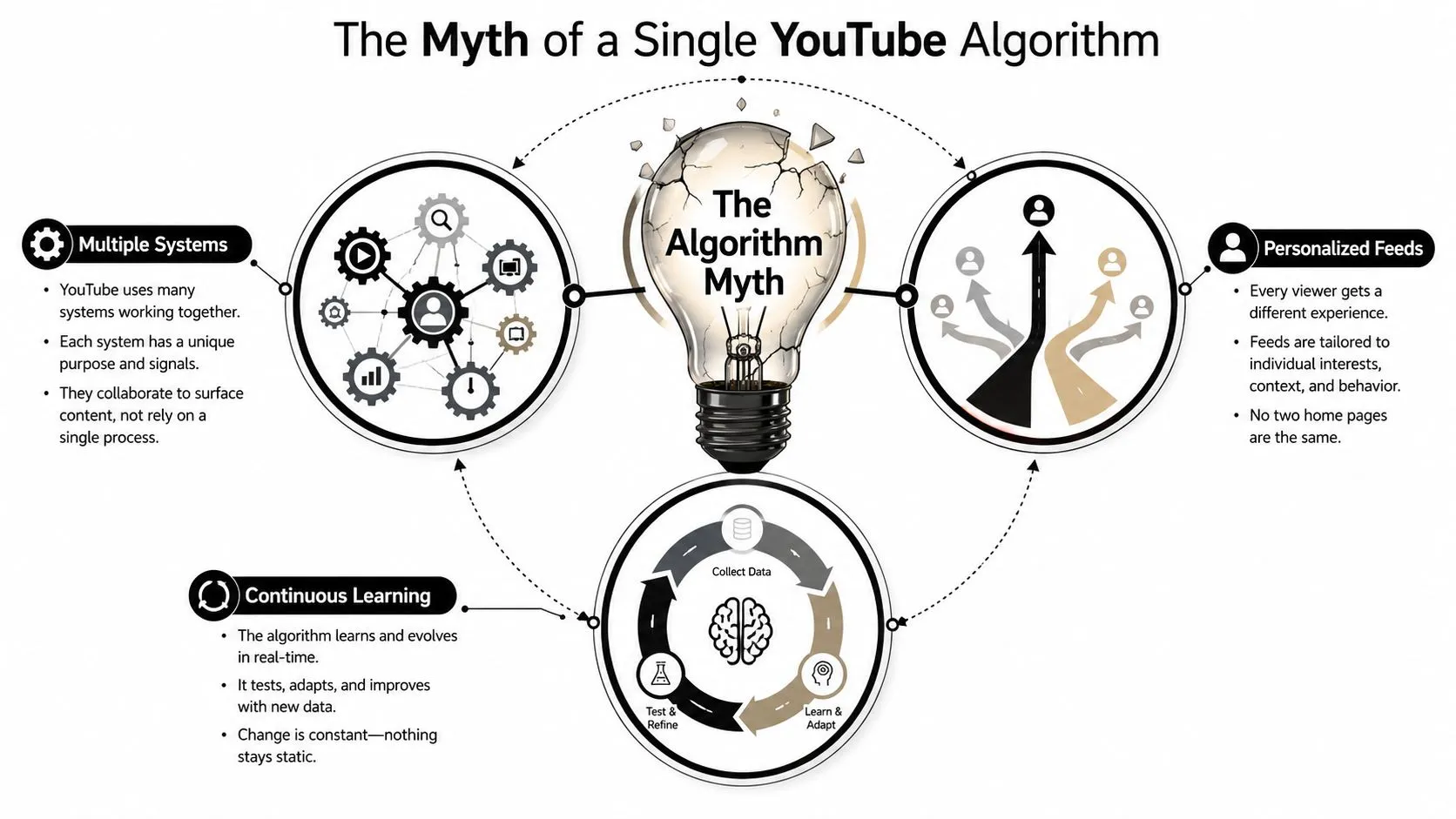 An infographic explaining that the YouTube algorithm is actually a collection of multiple evolving recommendation systems.