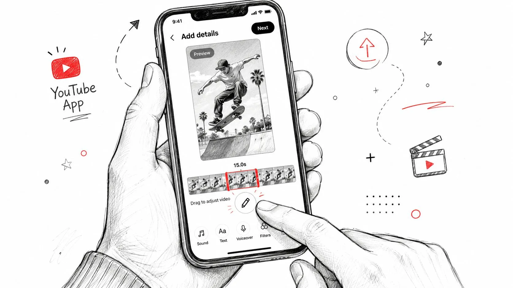 A hand holding a smartphone showing the YouTube app interface for editing and adding details to a video.