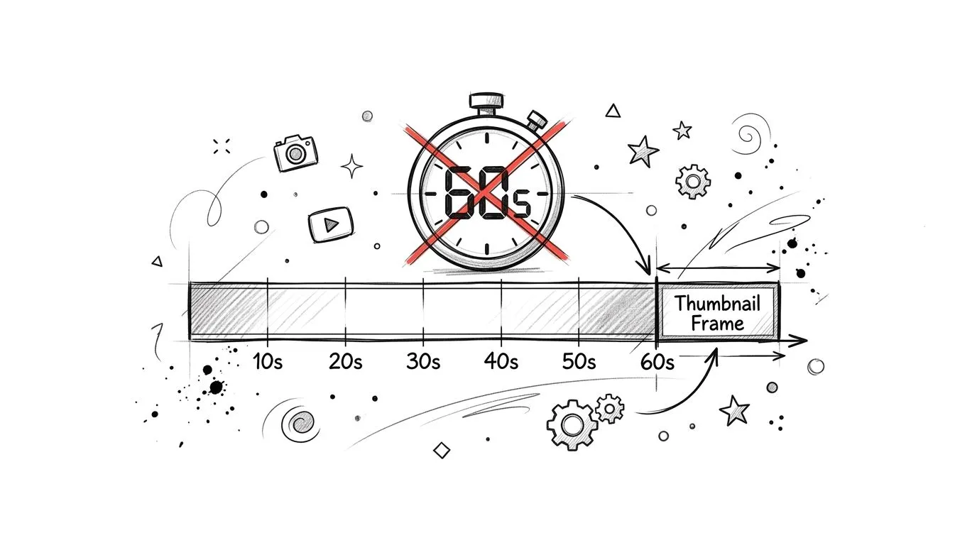 A hand-drawn illustration showing a sixty-second timeline for YouTube Shorts with a dedicated thumbnail frame section.