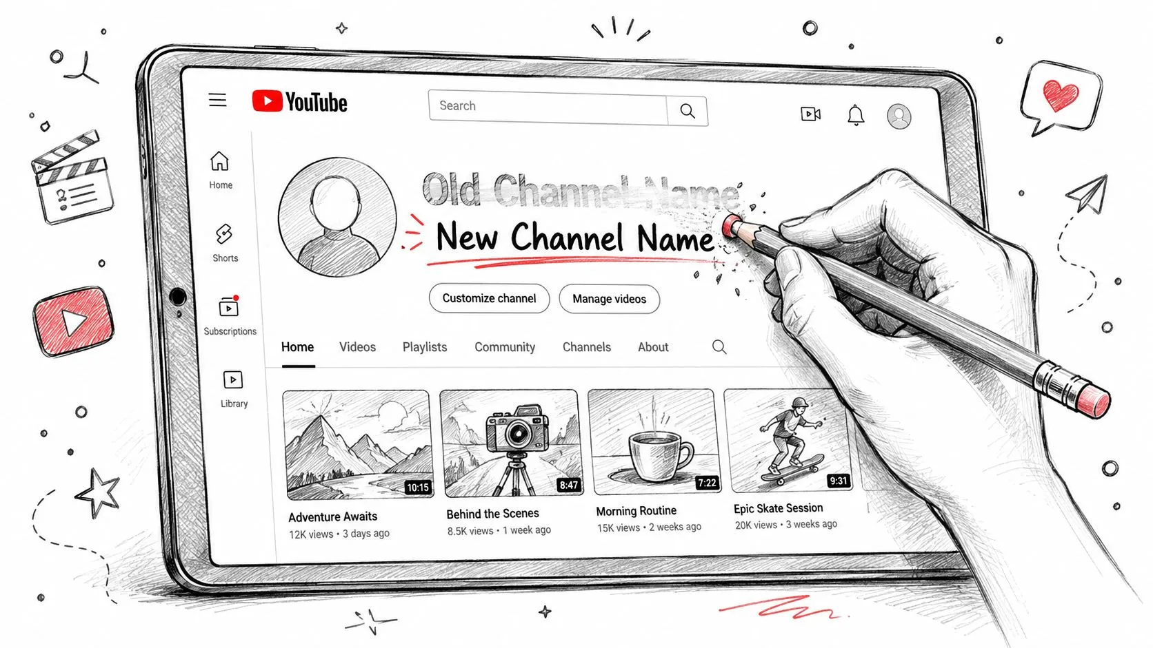 A hand using a pencil to rename a YouTube channel on a digital tablet sketch.