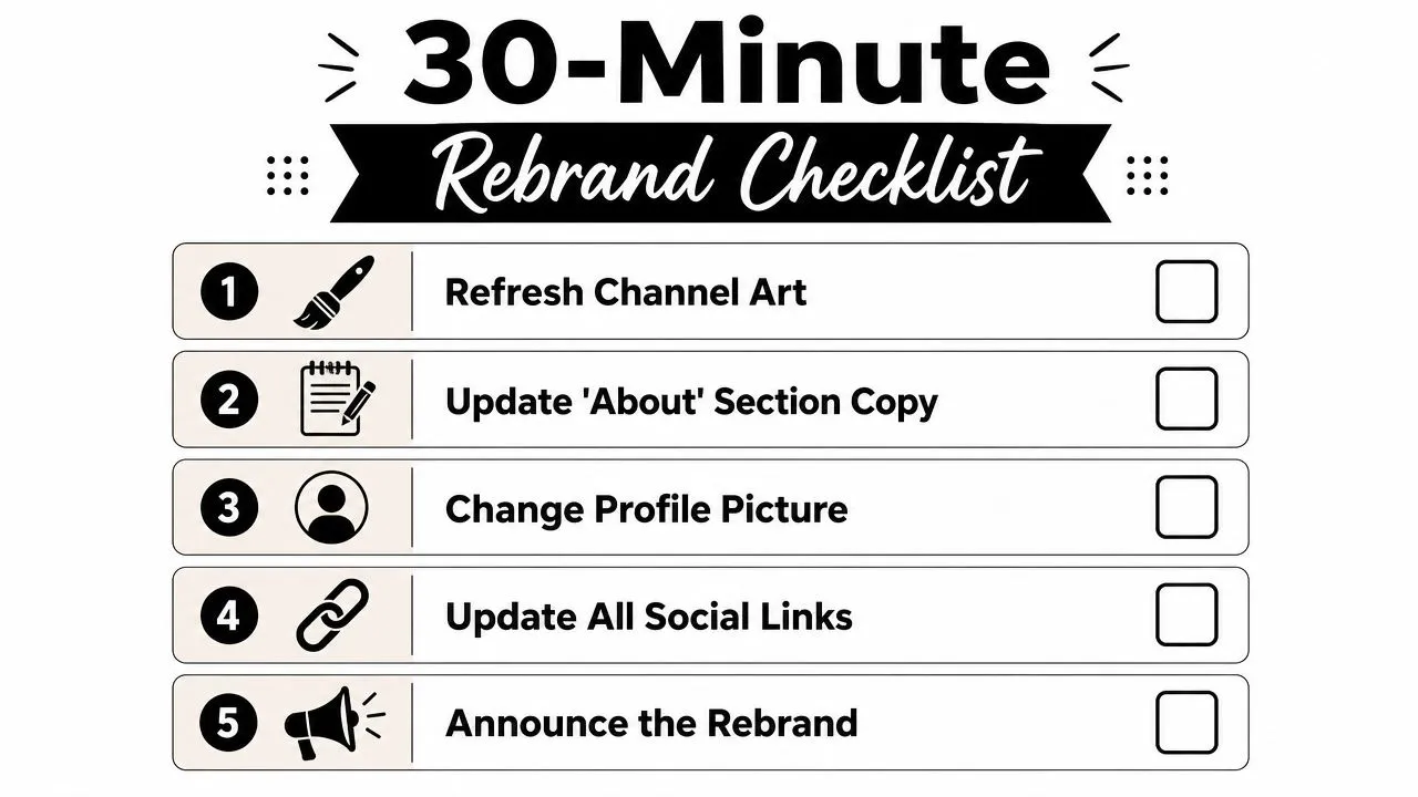 A 30-minute rebrand checklist for YouTube featuring steps like updating channel art, about section, profile picture, and links.