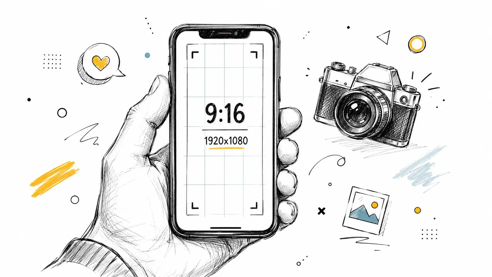 A hand-drawn illustration showing a smartphone held in a hand, displaying video aspect ratio and resolution settings.