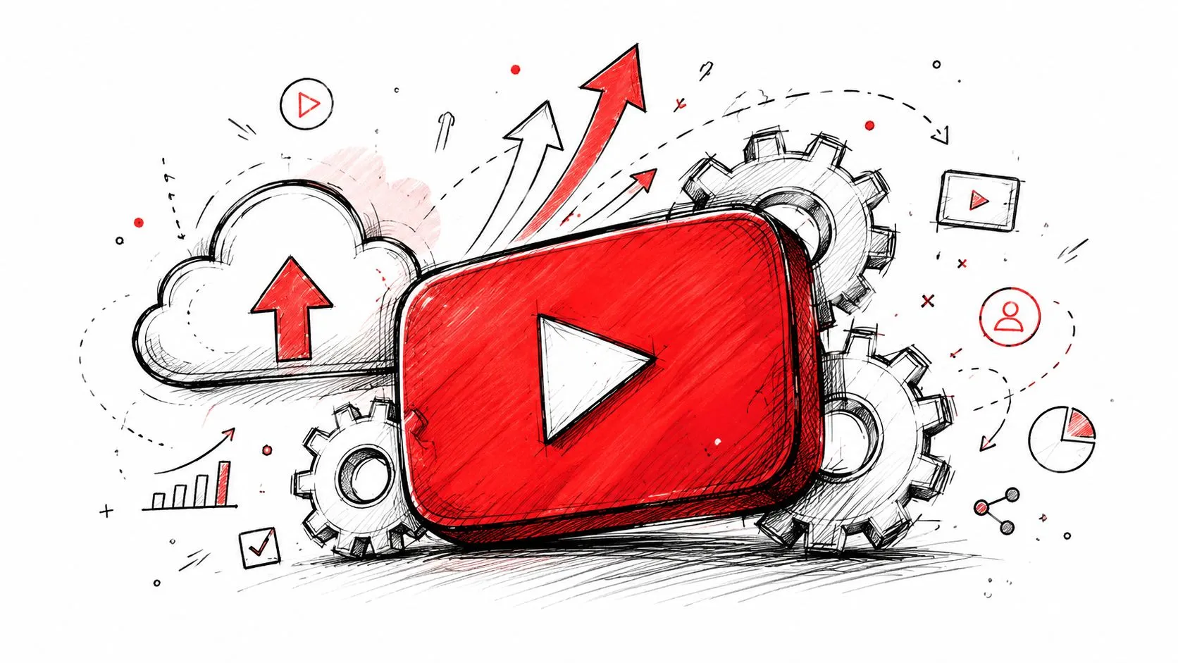 A hand-drawn illustration featuring a YouTube logo, cloud storage, gears, and growth arrows representing digital content strategy.