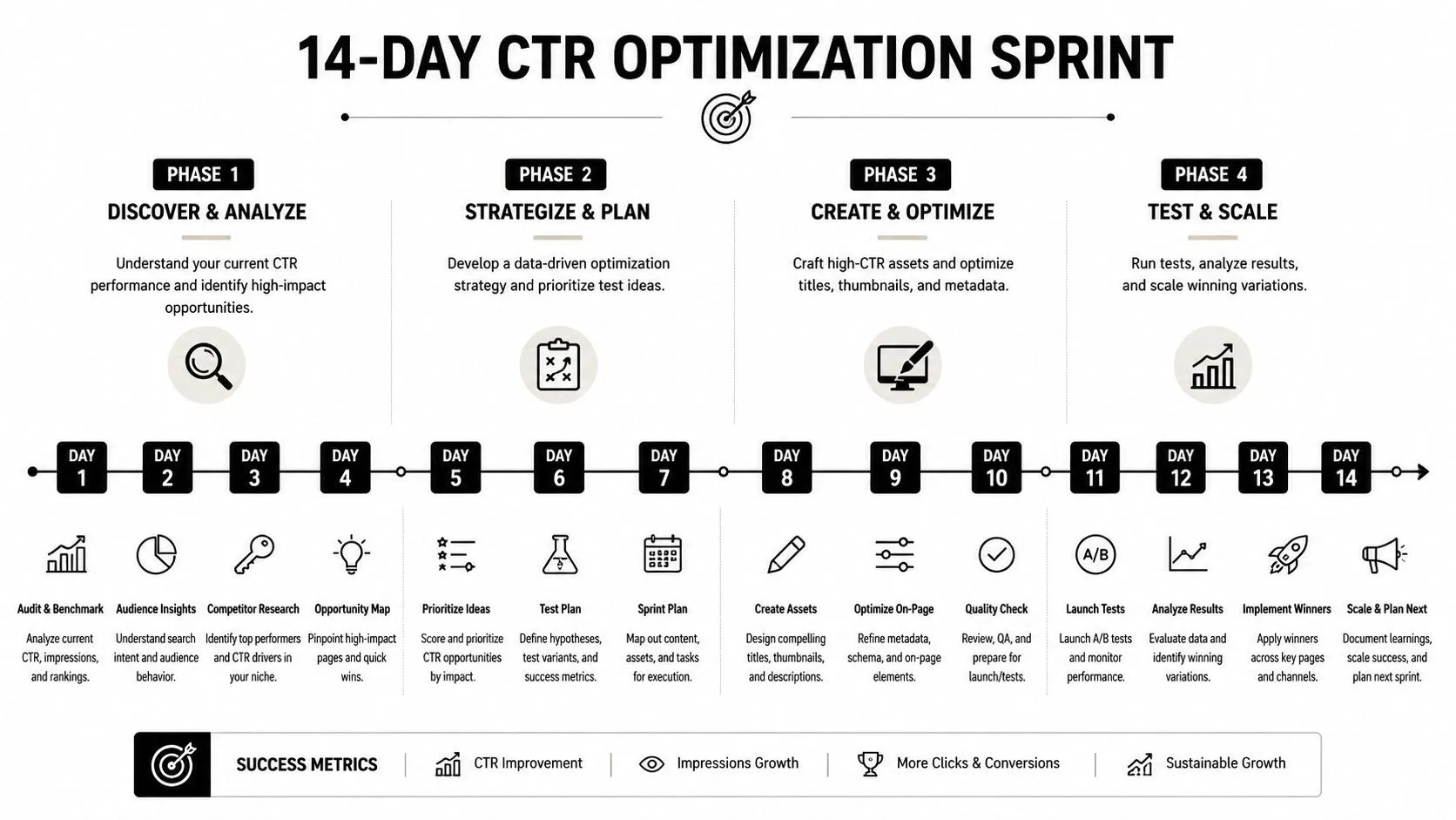 A 14-day timeline infographic outlining steps to improve click through rate with four distinct phases.