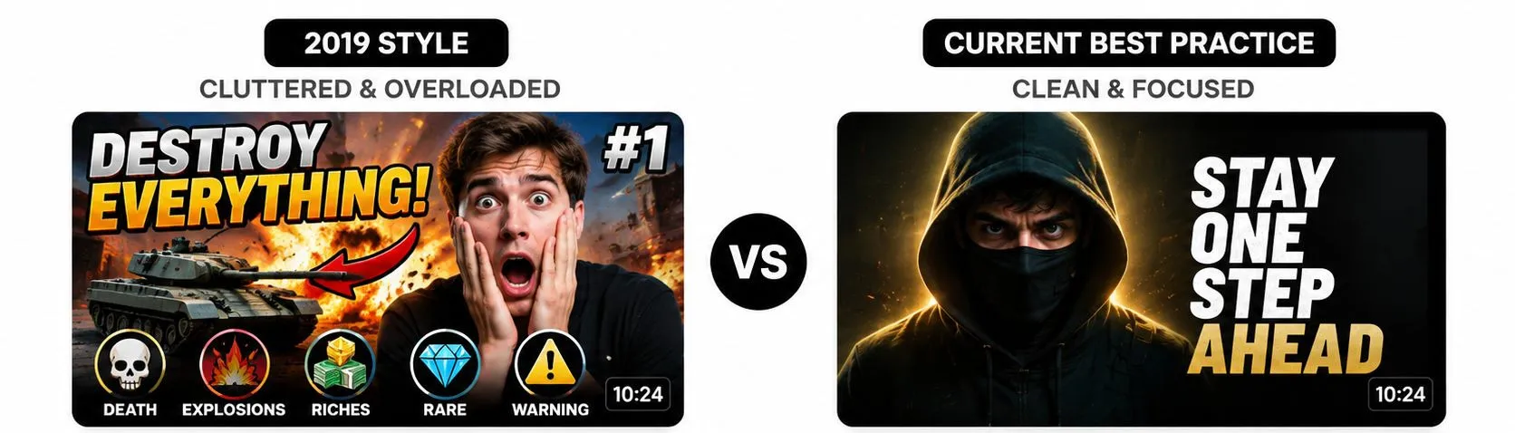 A side-by-side comparison of a cluttered gaming thumbnail packed with icons, arrows and text against a clean single-subject design.