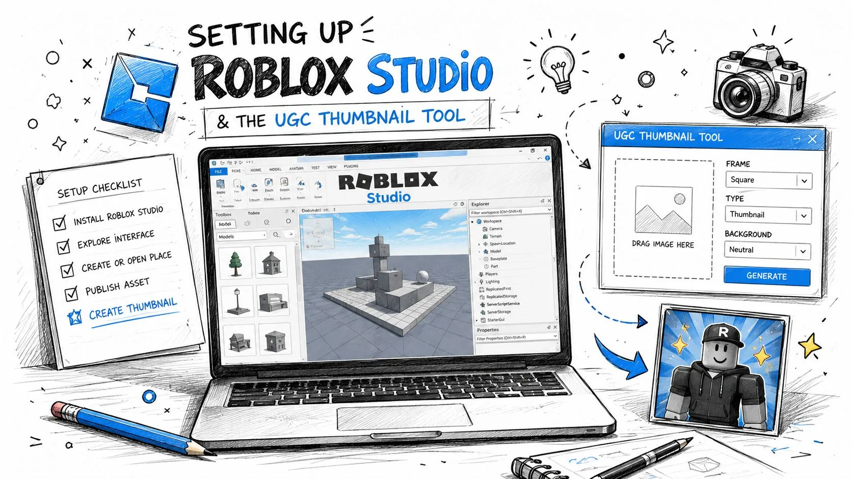 A hand-drawn illustration showing the setup process for Roblox Studio and a custom UGC thumbnail tool.