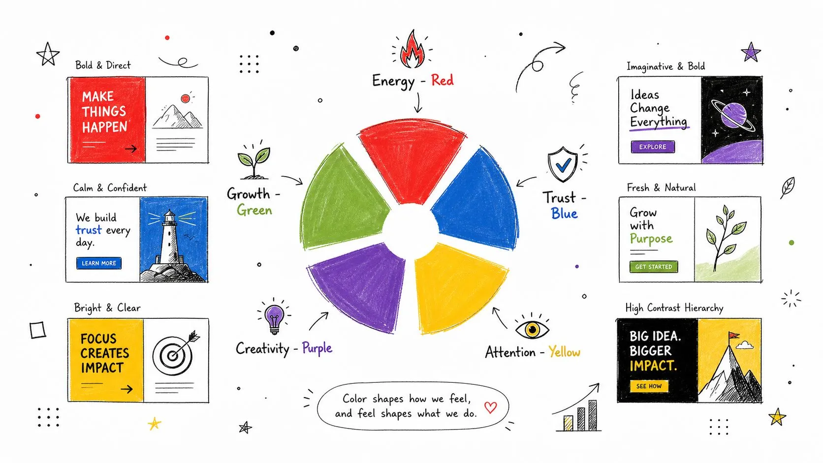 A color wheel infographic showing the psychological impact of colors on emotions and design concepts.
