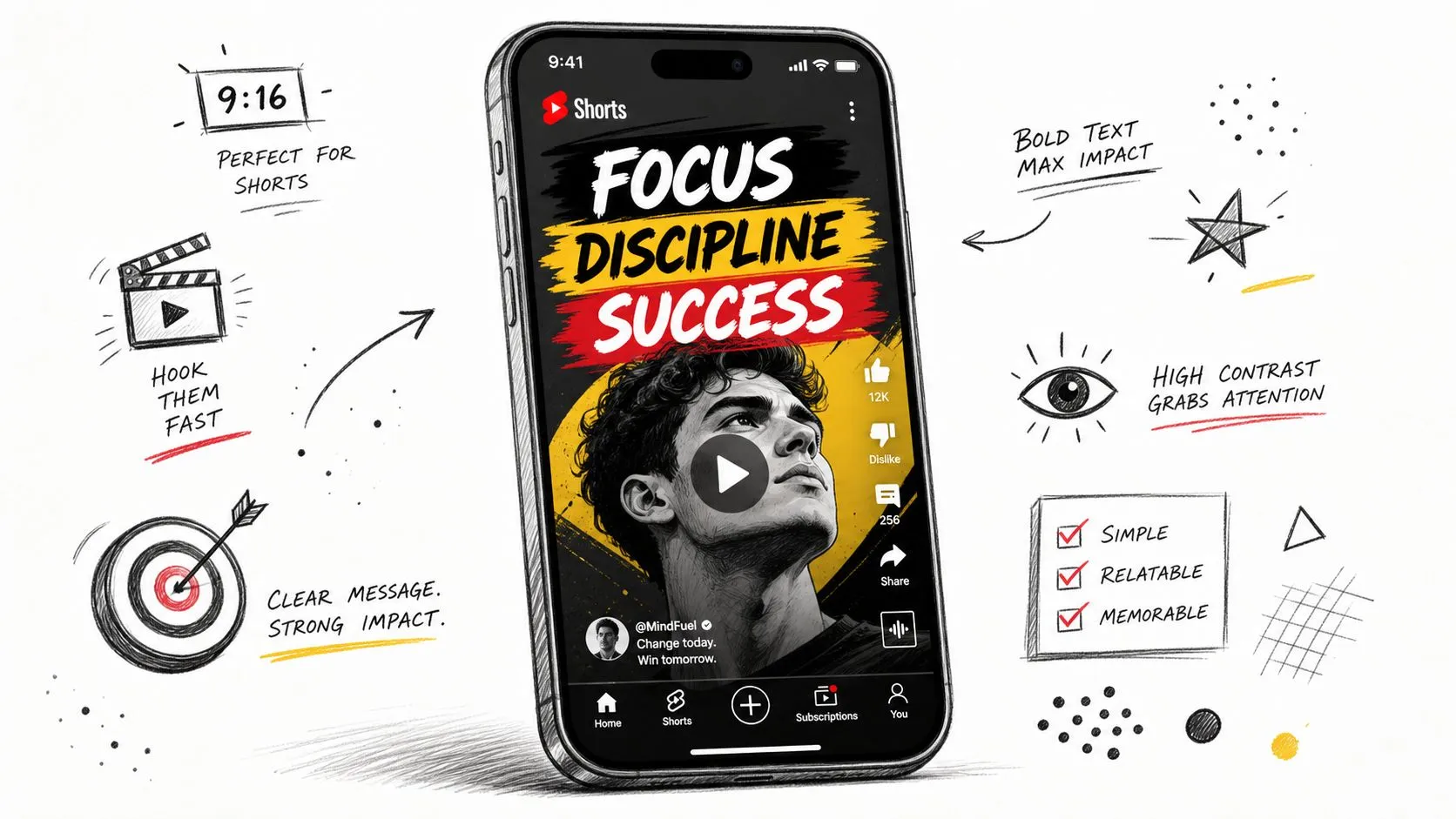 A smartphone screen displaying a YouTube Short with motivational text, surrounded by educational design tips and sketches.