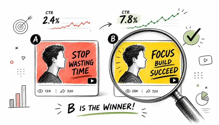 A comparison illustration showing two YouTube thumbnails, with option B performing significantly better than option A.
