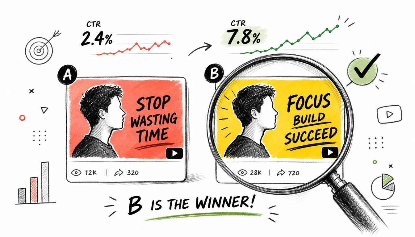 A comparison illustration showing two YouTube thumbnails, with option B performing significantly better than option A.